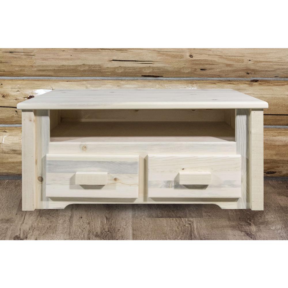 Homestead Collection Coffee Table w/ 2 Drawers, Clear Lacquer Finish. Picture 6