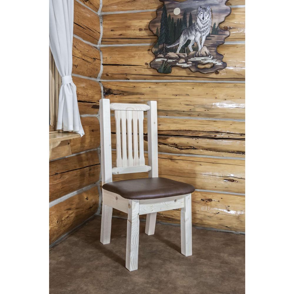 Homestead Collection Side Chair, Clear Lacquer Finish w/ Upholstered Seat, Saddle Pattern. Picture 3