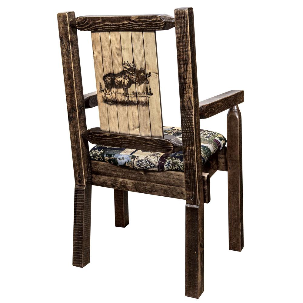 Homestead Collection Captain's Chair, Woodland Upholstery w/ Laser Engraved Moose Design, Stain & Lacquer Finish. Picture 1