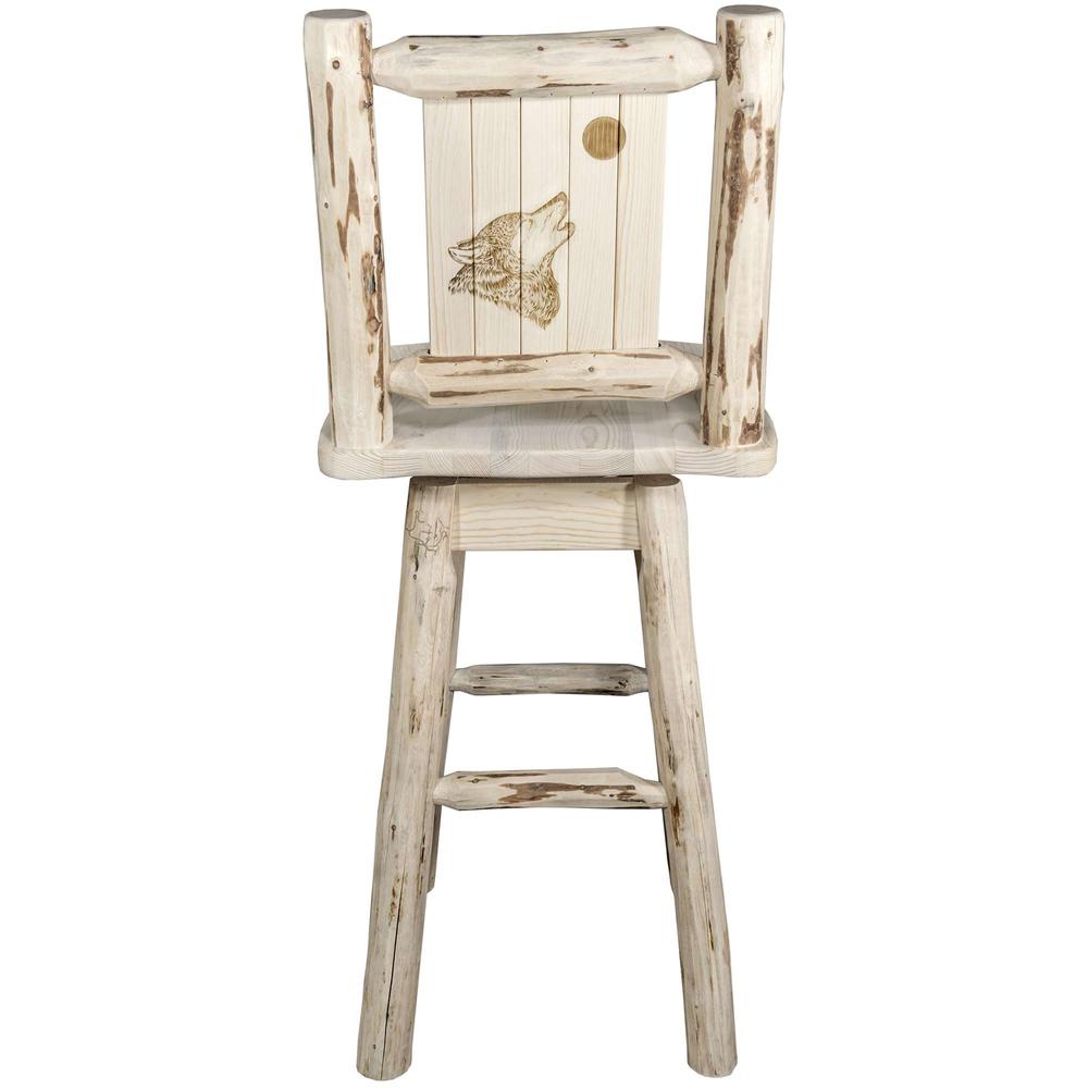 Montana Collection Barstool w/ Back & Swivel w/ Laser Engraved Wolf Design, Clear Lacquer Finish. Picture 2