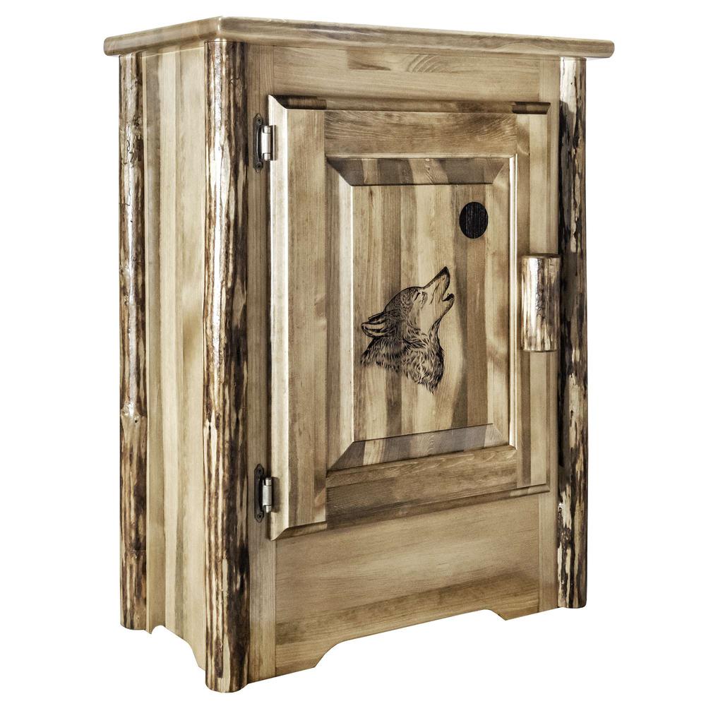 Glacier Country Collection Accent Cabinet w/ Laser Engraved Wolf Design, Left Hinged. Picture 1
