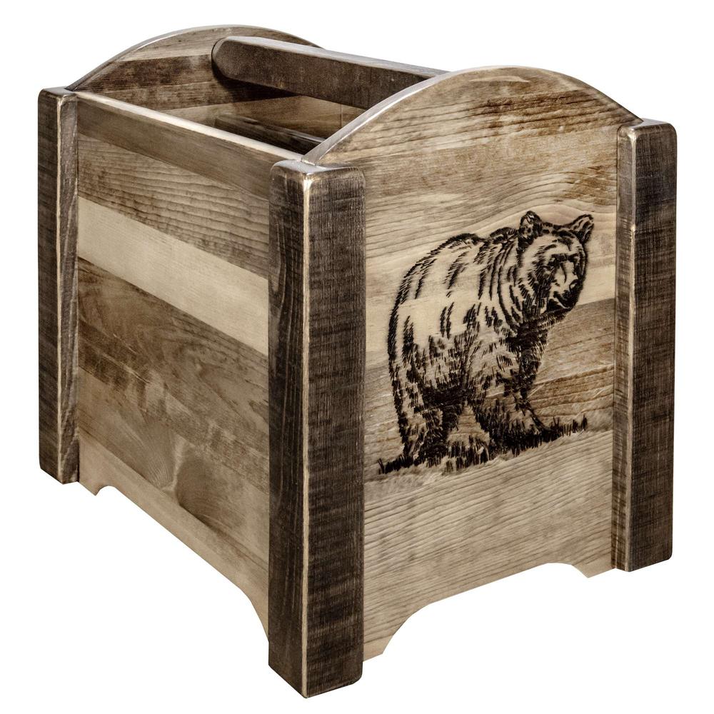 Homestead Collection Magazine Rack w/ Laser Engraved Bear Design, Stain & Clear Lacquer Finish. Picture 1