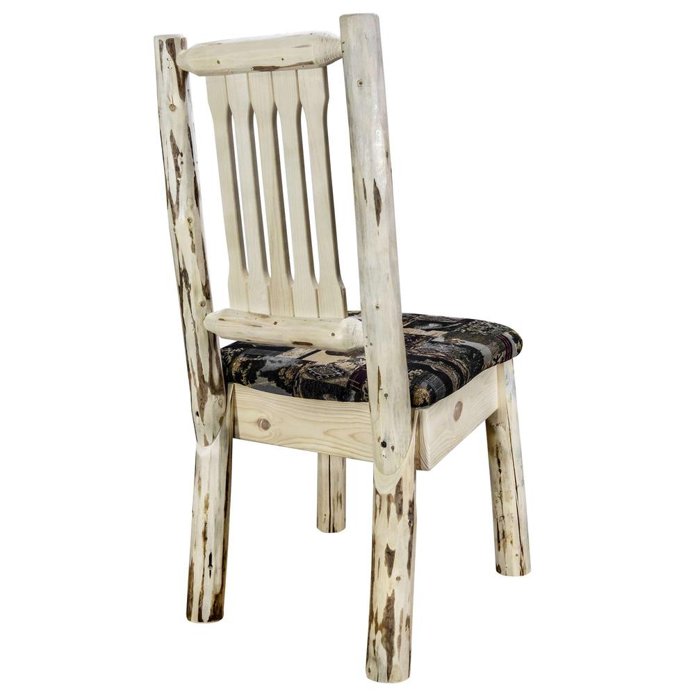 Montana Collection Side Chair, Clear Lacquer Finish w/ Upholstered Seat, Woodland Pattern. Picture 4