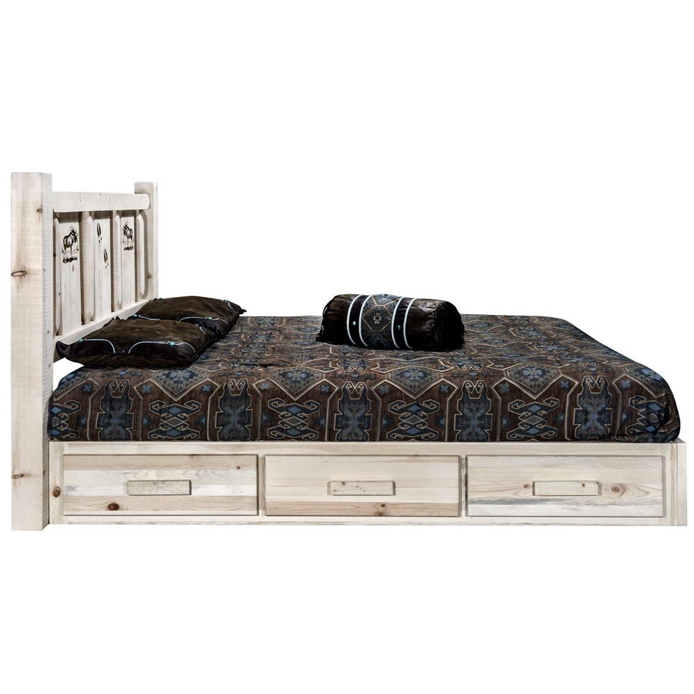 Homestead Collection Platform Bed w/ Storage, King w/ Laser Engraved Moose Design, Ready to Finish. Picture 4