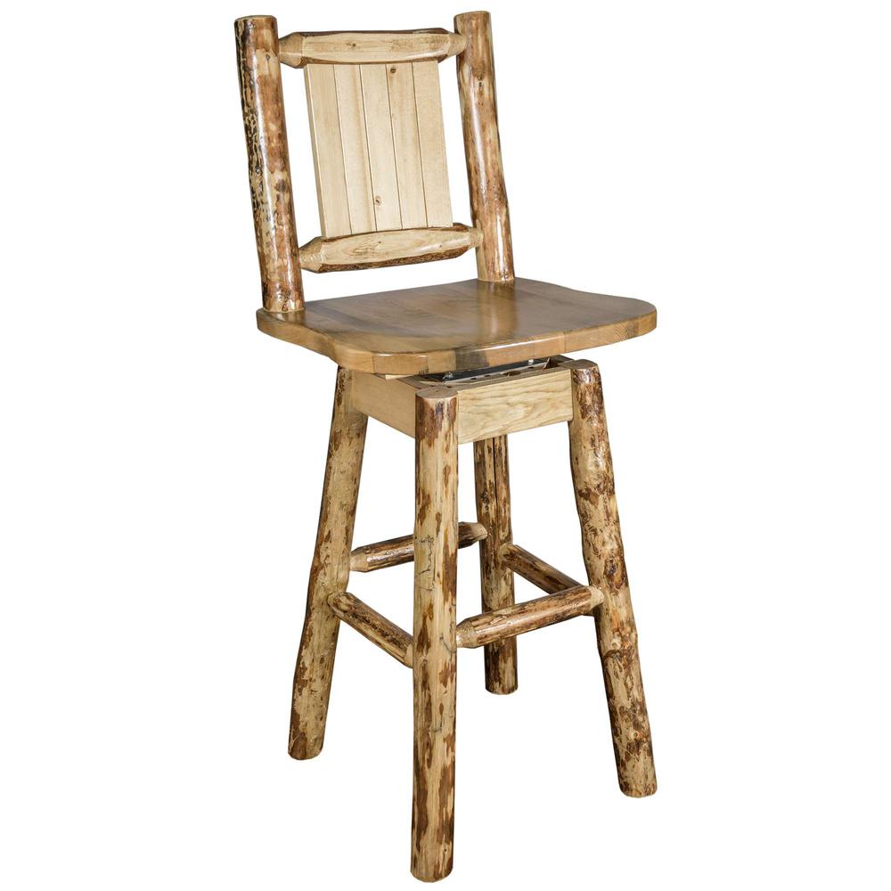 Glacier Country Collection Barstool w/ Back & Swivel w/ Laser Engraved Bear Design. Picture 3