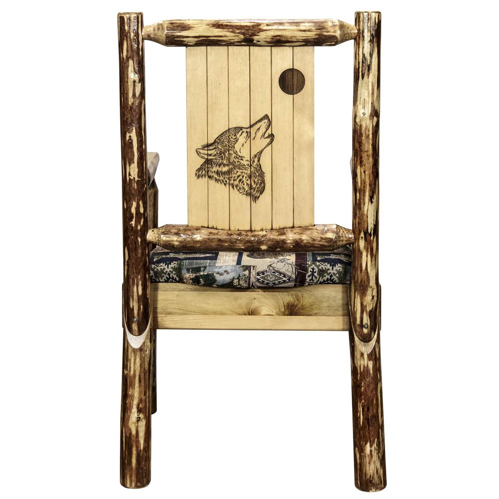 Glacier Country Collection Captain's Chair, Woodland Upholstery w/ Laser Engraved Wolf Design. Picture 2