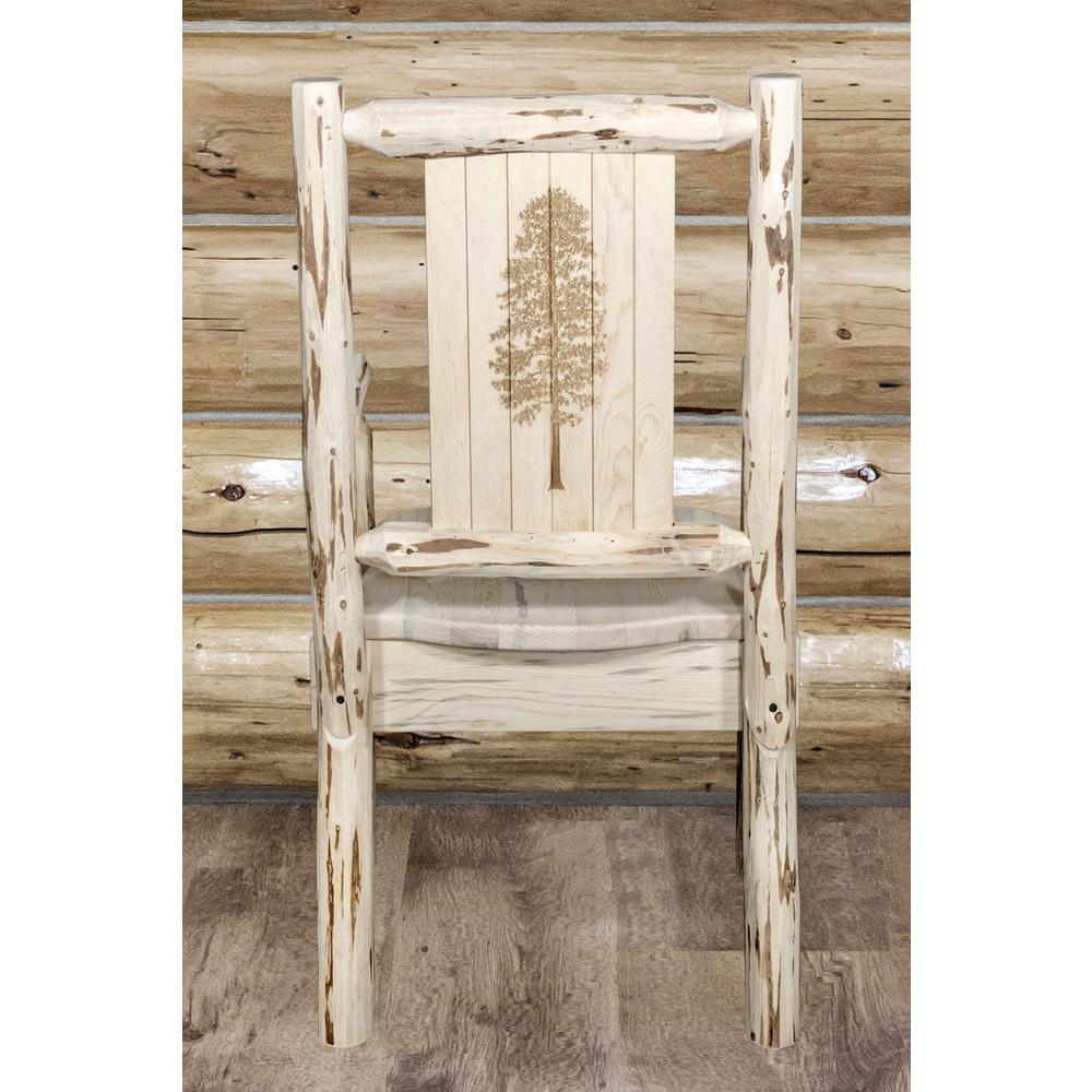 Montana Collection Captain's Chair w/ Laser Engraved Pine Tree Design, Clear Lacquer Finish. Picture 7