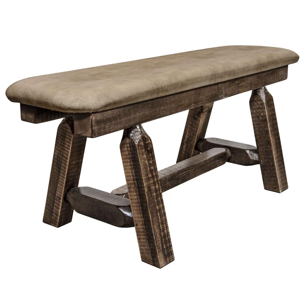 Homestead Collection Plank Style Bench, Stain & Clear Lacquer Finish, 45 Inch w/ Buckskin Upholstery. Picture 1
