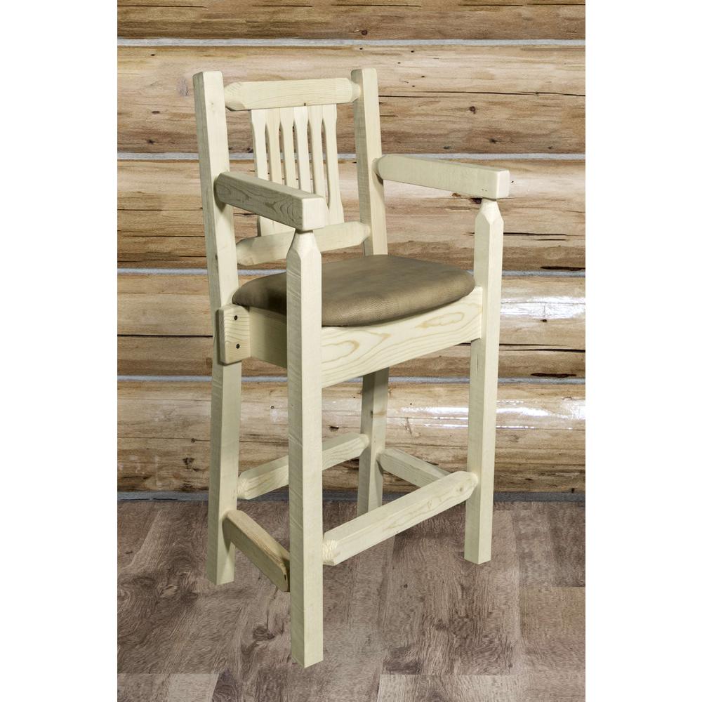 Homestead Collection Counter Height Captain's Barstool - Buckskin Upholstery, Clear Lacquer Finish. Picture 3