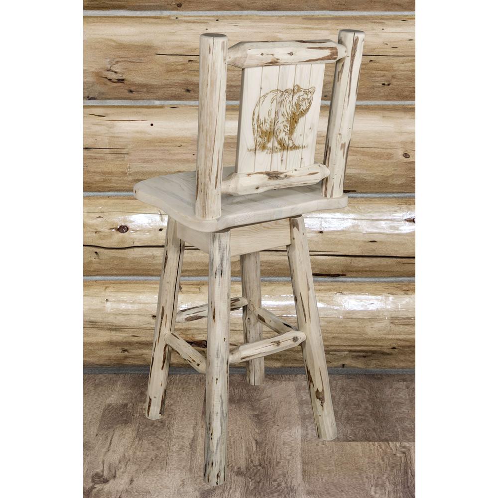 Montana Collection Barstool w/ Back & Swivel w/ Laser Engraved Bear Design, Clear Lacquer Finish. Picture 5