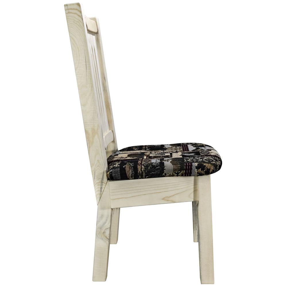 Homestead Collection Side Chair, Clear Lacquer Finish w/ Upholstered Seat, Woodland Pattern. Picture 3