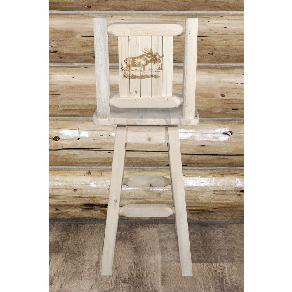 Homestead Collection Barstool w/ Back & Swivel w/ Laser Engraved Moose Design, Clear Lacquer Finish. Picture 7