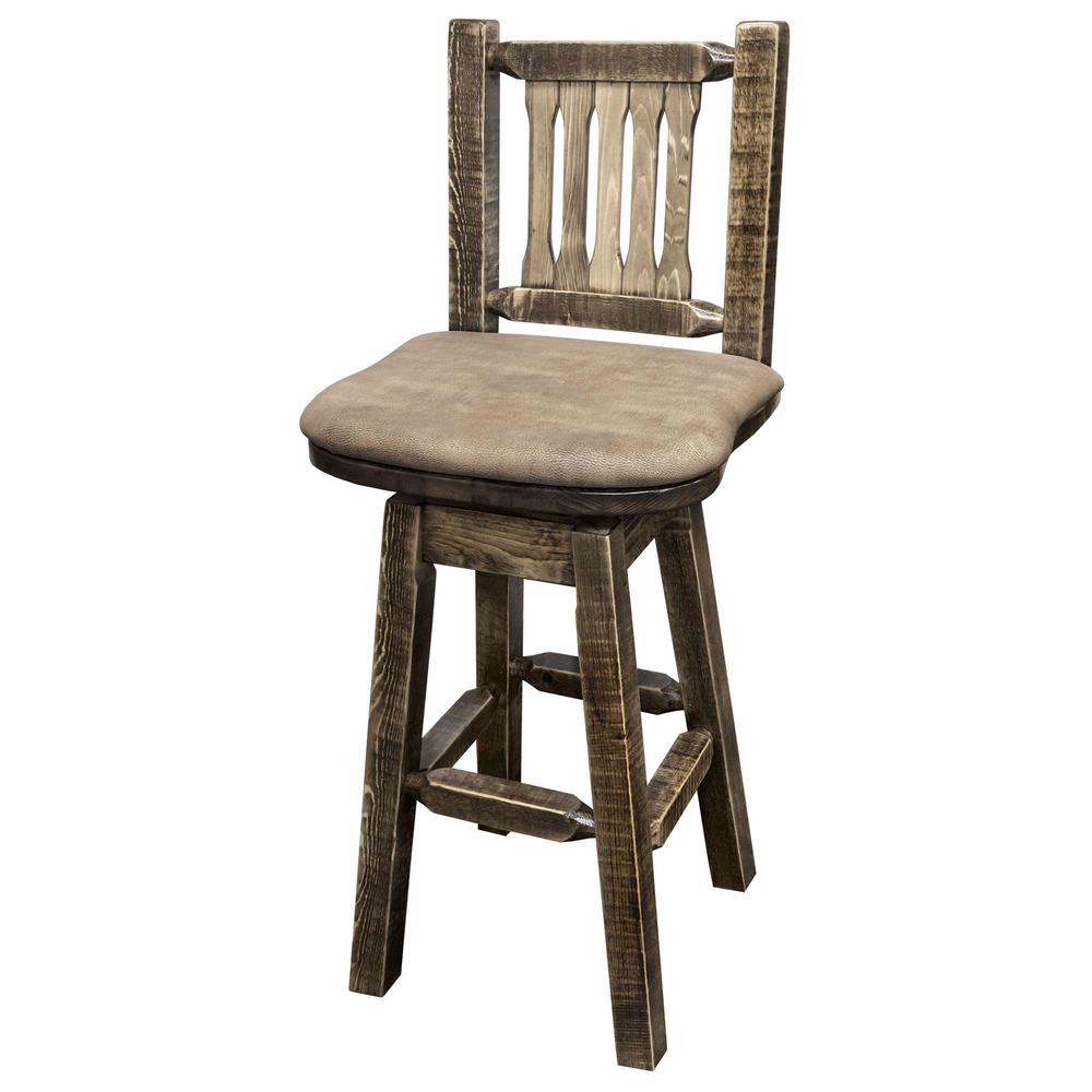 Homestead Collection Barstool w/ Back & Swivel, Stain & Clear Lacquer Finish w/ Upholstered Seat, Buckskin Pattern. Picture 2