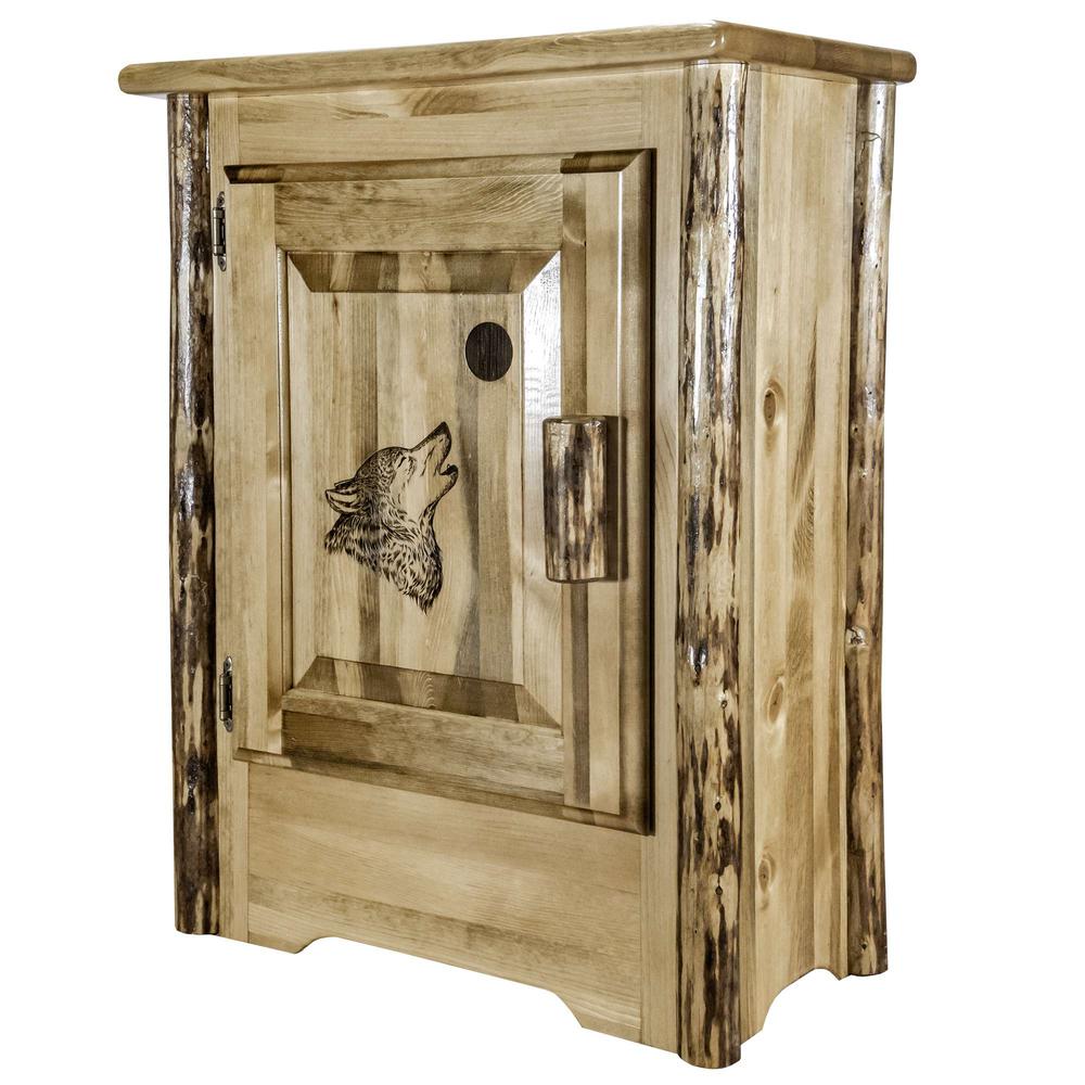 Glacier Country Collection Accent Cabinet w/ Laser Engraved Wolf Design, Left Hinged. Picture 3