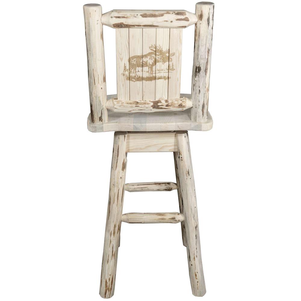 Montana Collection Barstool w/ Back & Swivel w/ Laser Engraved Moose Design, Clear Lacquer Finish. Picture 2