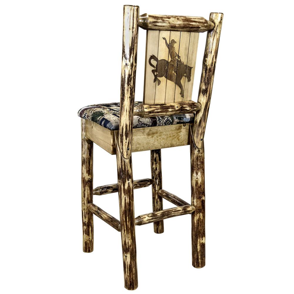 Glacier Country Collection Barstool w/ Back - Woodland Upholstery, w/ Laser Engraved Bronc Design. Picture 1