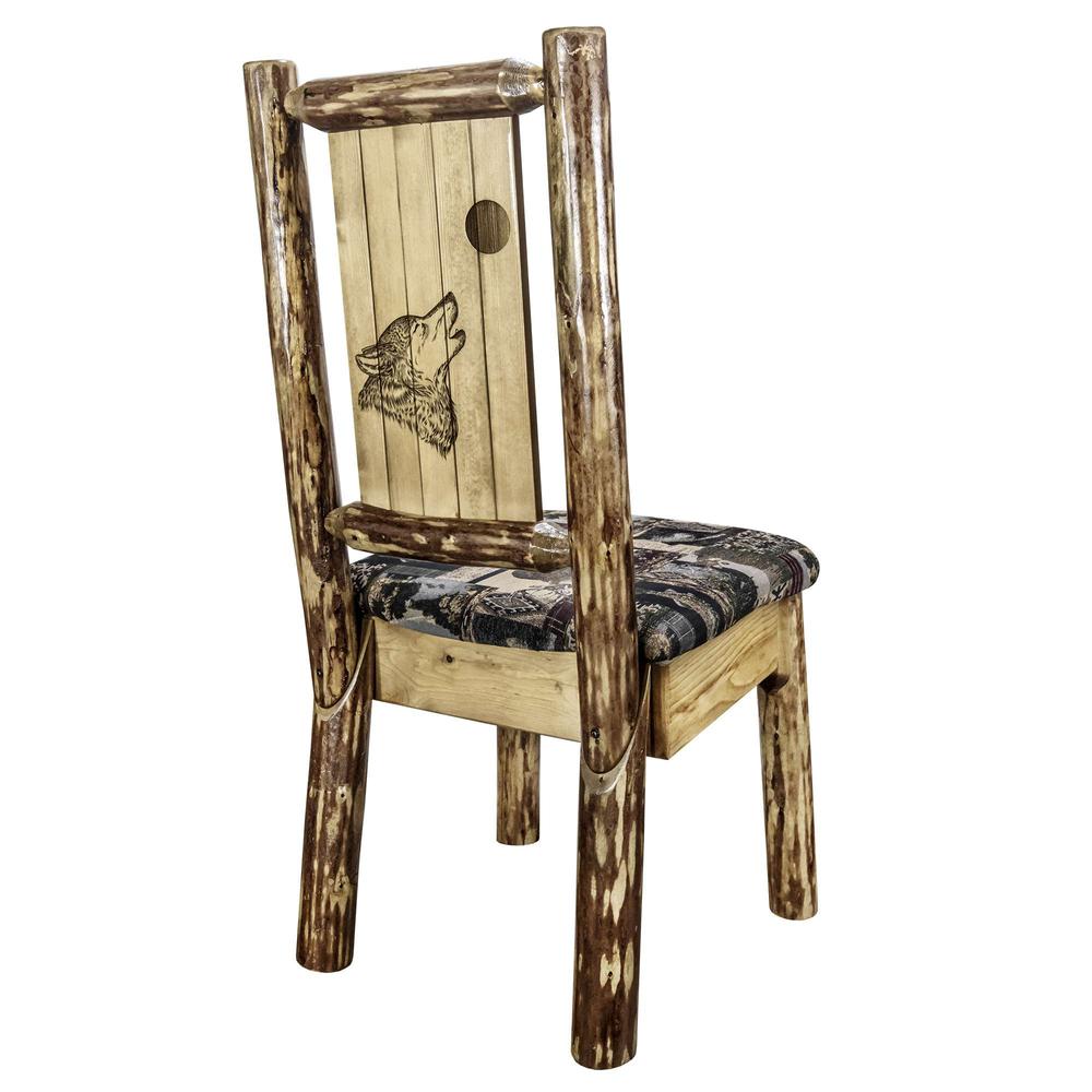 Glacier Country Collection Side Chair - Woodland Upholstery, w/ Laser Engraved Wolf Design. Picture 1