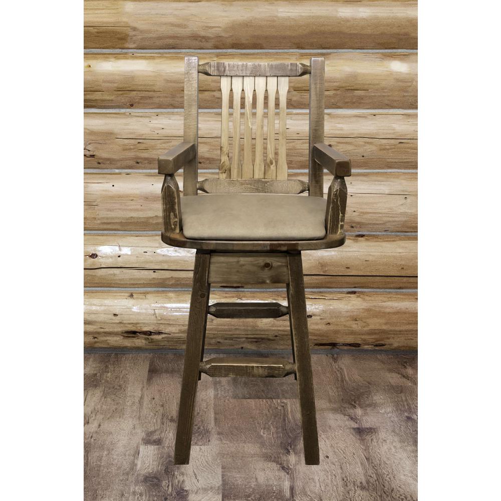 Homestead Collection Captain's Barstool w/ Back & Swivel, Stain & Lacquer Finish w/ Upholstered Seat, Buckskin Pattern. Picture 6