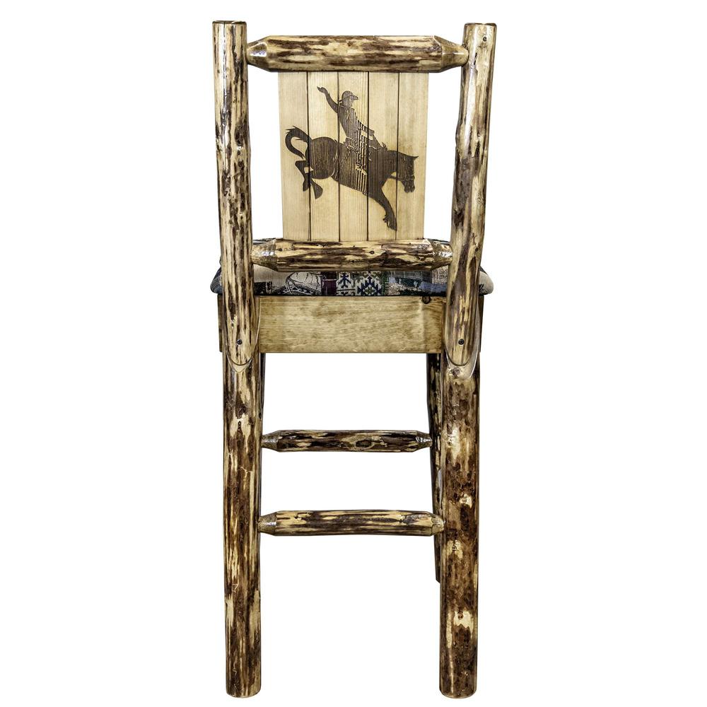 Glacier Country Collection Barstool w/ Back - Woodland Upholstery, w/ Laser Engraved Bronc Design. Picture 2