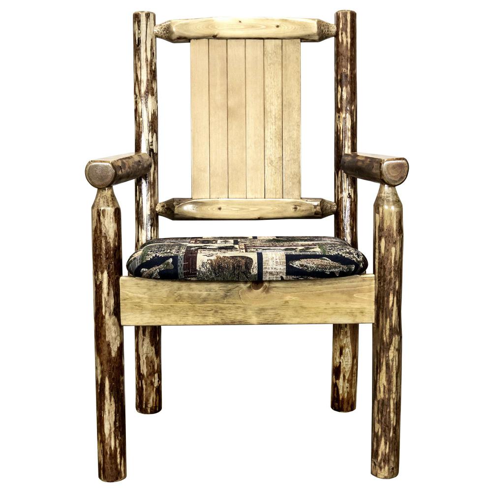 Glacier Country Collection Captain's Chair, Woodland Upholstery w/ Laser Engraved Wolf Design. Picture 4