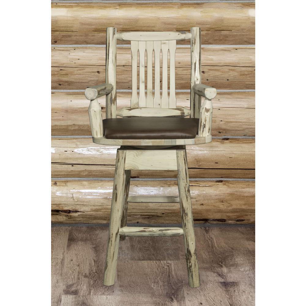 Montana Collection Captain's Barstool w/ Back & Swivel, Clear Lacquer Finish w/ Upholstered Seat, Saddle Pattern. Picture 5