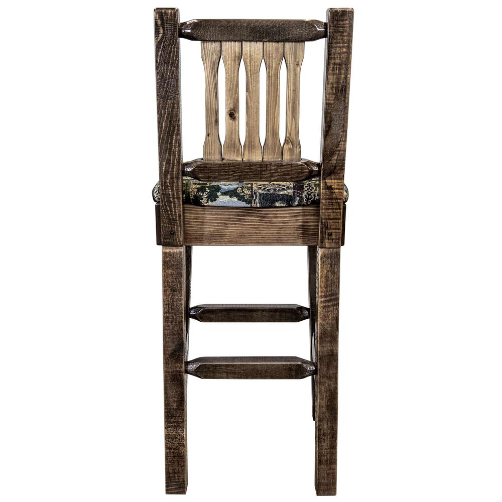 Homestead Collection Barstool w/ Back, Stain & Clear Lacquer Finish w/ Upholstered Seat, Woodland Pattern. Picture 5