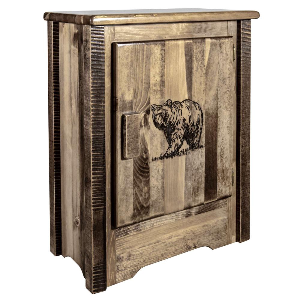 Homestead Collection Accent Cabinet w/ Laser Engraved Bear Design, Right Hinged, Stain & Clear Lacquer Finish. Picture 3