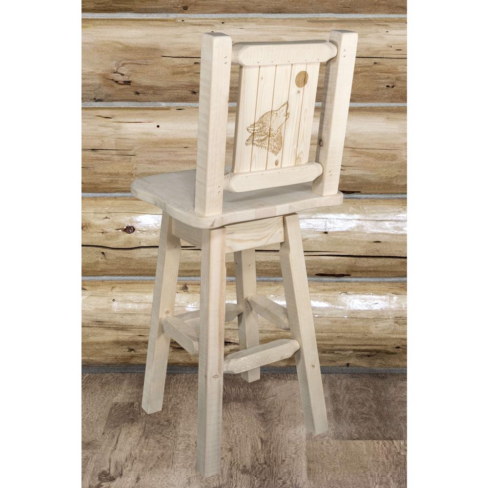 Homestead Collection Barstool w/ Back & Swivel w/ Laser Engraved Wolf Design, Clear Lacquer Finish. Picture 6