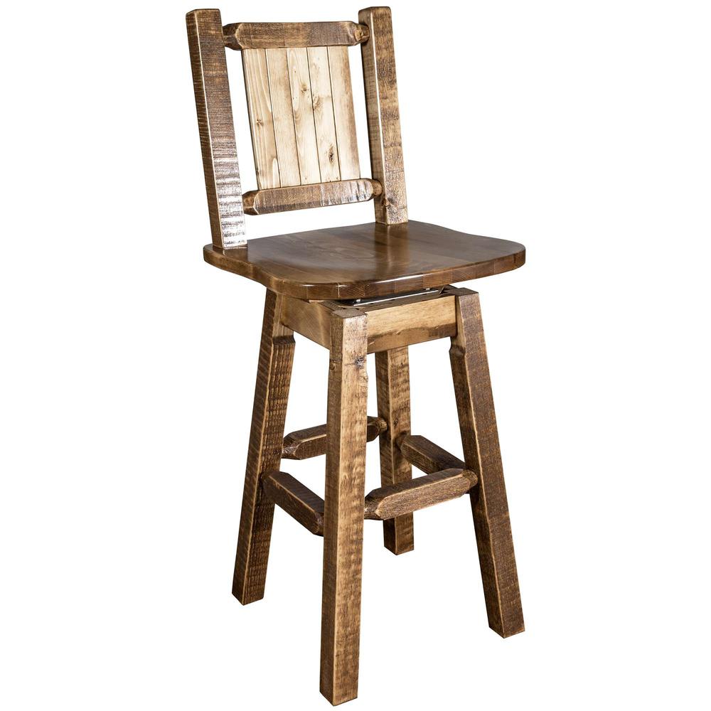 Homestead Collection Barstool w/ Back & Swivel w/ Laser Engraved Moose Design, Stain & Lacquer Finish. Picture 3
