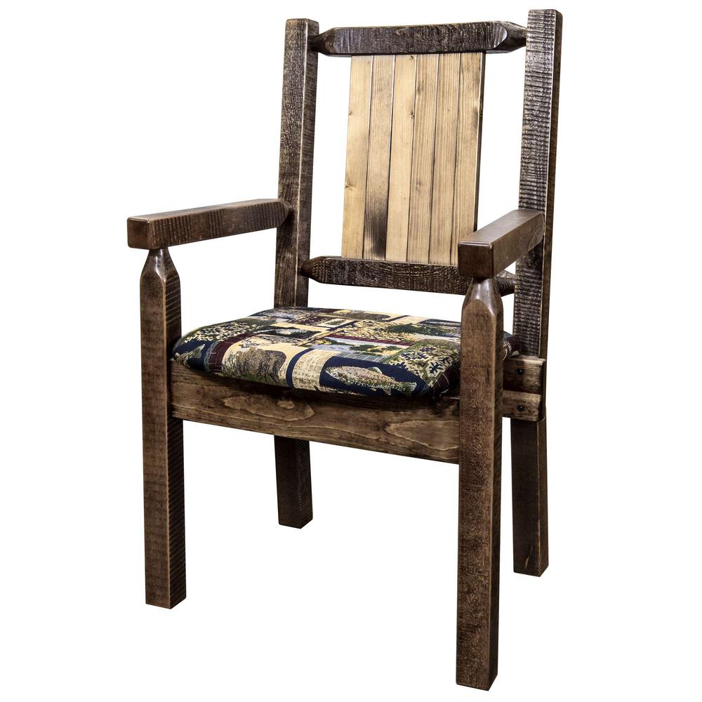 Homestead Collection Captain's Chair, Woodland Upholstery w/ Laser Engraved Wolf Design, Stain & Lacquer Finish. Picture 5
