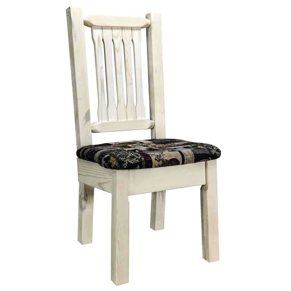 Homestead Collection Side Chair, Clear Lacquer Finish w/ Upholstered Seat, Woodland Pattern. Picture 1