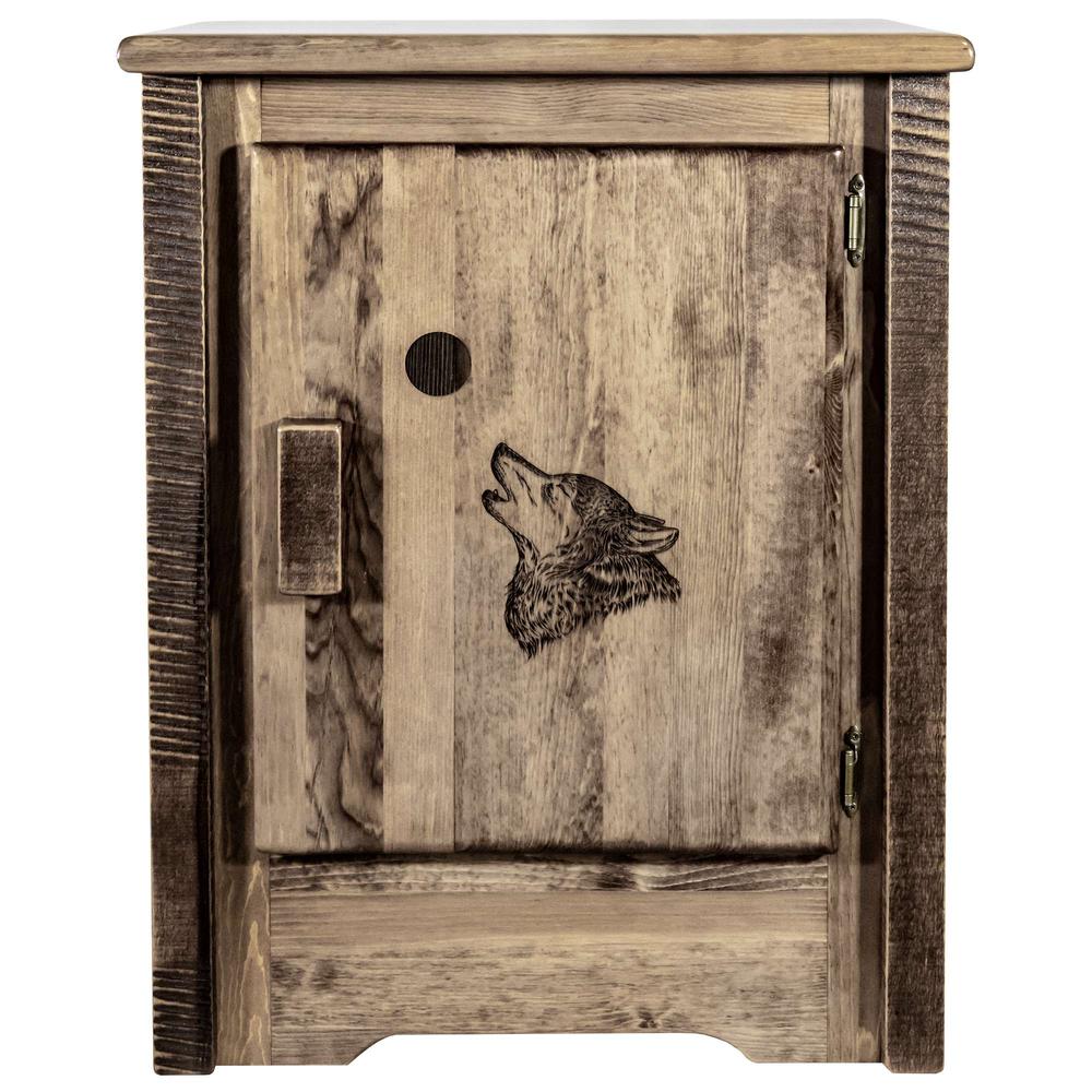 Homestead Collection Accent Cabinet w/ Laser Engraved Wolf Design, Right Hinged, Stain & Clear Lacquer Finish. Picture 2