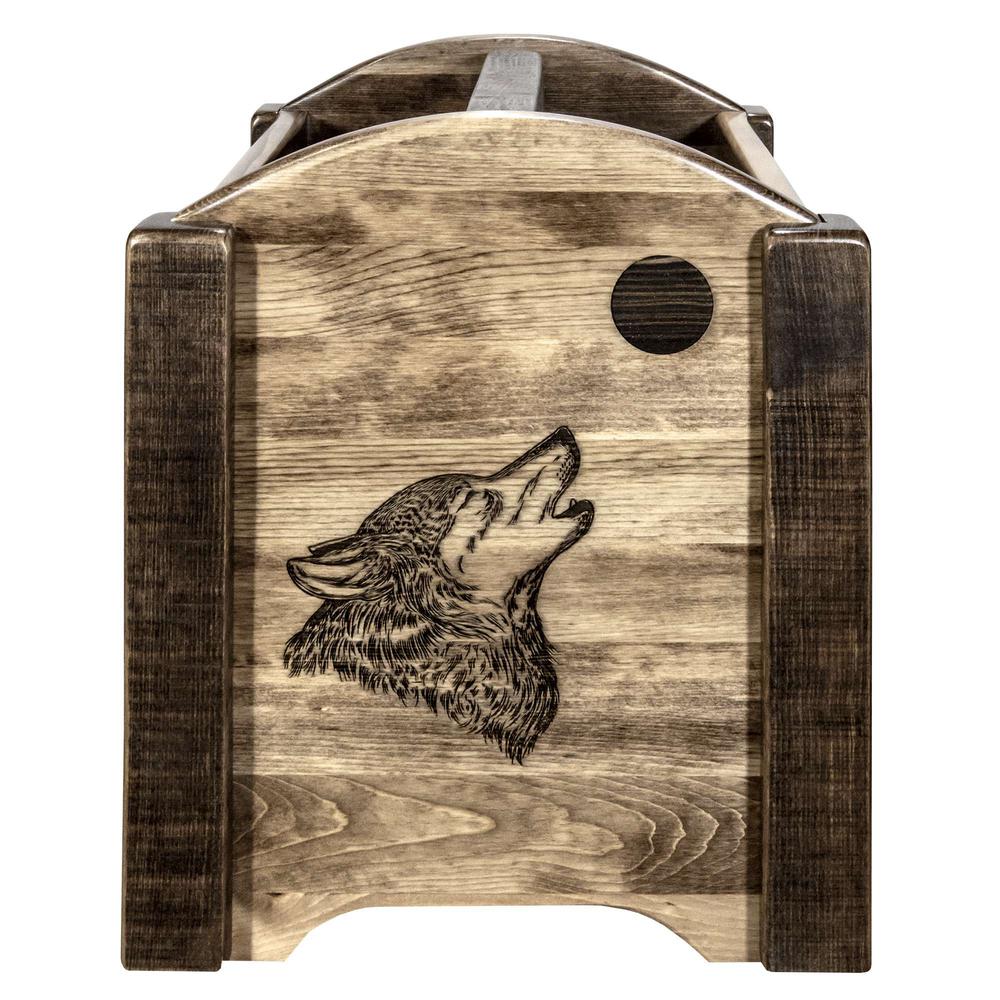 Homestead Collection Magazine Rack w/ Laser Engraved Wolf Design, Stain & Clear Lacquer Finish. Picture 2