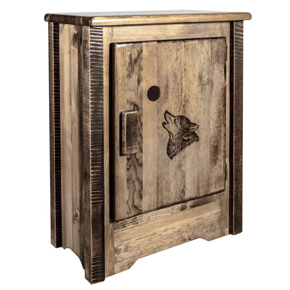 Homestead Collection Accent Cabinet w/ Laser Engraved Wolf Design, Right Hinged, Stain & Clear Lacquer Finish. Picture 3