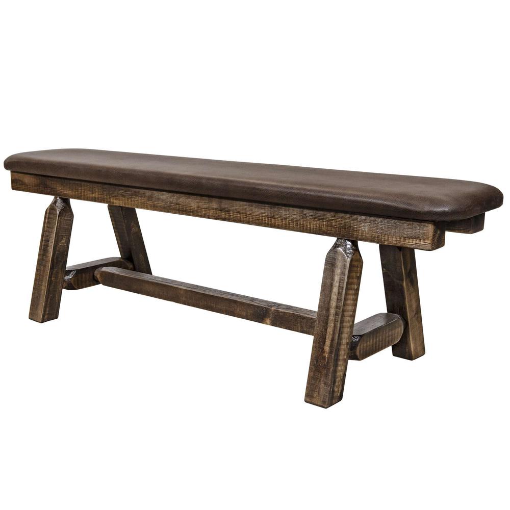 Homestead Collection Plank Style Bench, Stain & Clear Lacquer Finish, 5 Foot w/ Saddle Upholstery. Picture 2