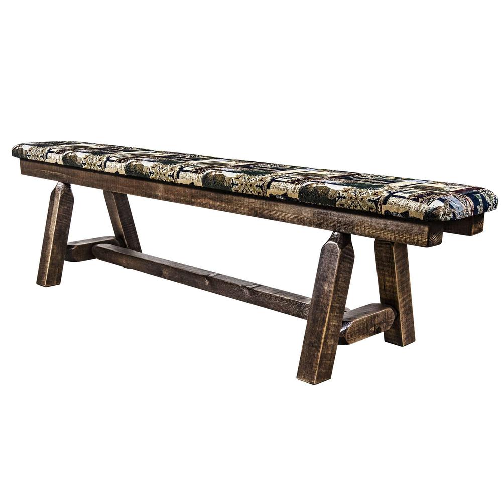 Homestead Collection Plank Style Bench, Stain & Clear Lacquer Finish, 6 Foot w/ Woodland Upholstery. Picture 3