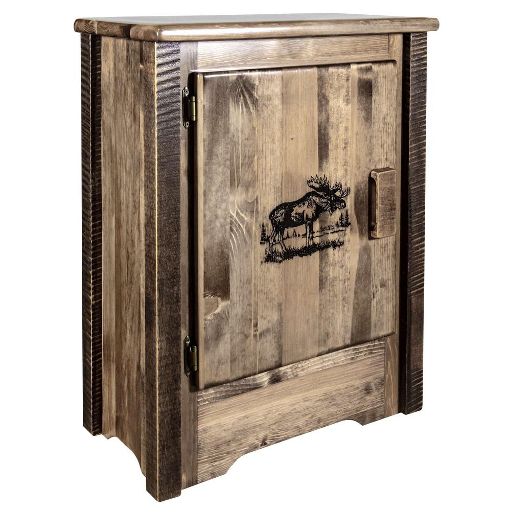 Homestead Collection Accent Cabinet w/ Laser Engraved Moose Design, Left Hinged, Stain & Clear Lacquer Finish. Picture 1
