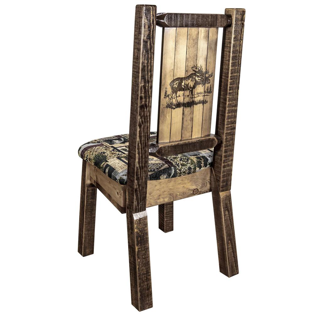 Homestead Collection Side Chair - Woodland Upholstery w/ Laser Engraved Moose Design, Stain & Lacquer Finish. Picture 1