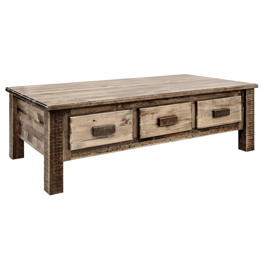 Homestead Collection Large Coffee Table w/ 6 Drawers, Stain & Clear Lacquer Finish. Picture 1