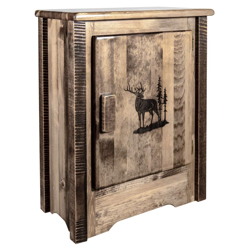 Homestead Collection Accent Cabinet w/ Laser Engraved Elk Design, Right Hinged, Stain & Clear Lacquer Finish. Picture 3