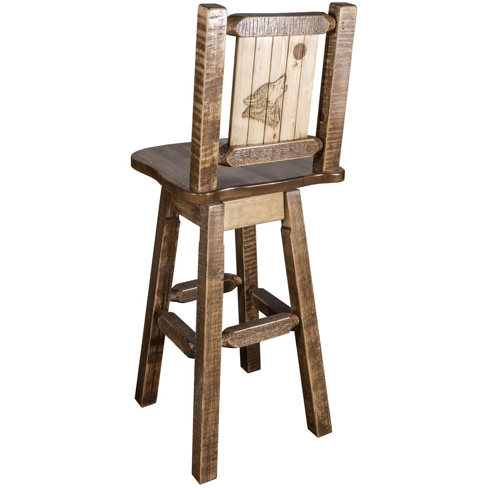 Homestead Collection Barstool w/ Back & Swivel w/ Laser Engraved Wolf Design, Stain & Lacquer Finish. Picture 1