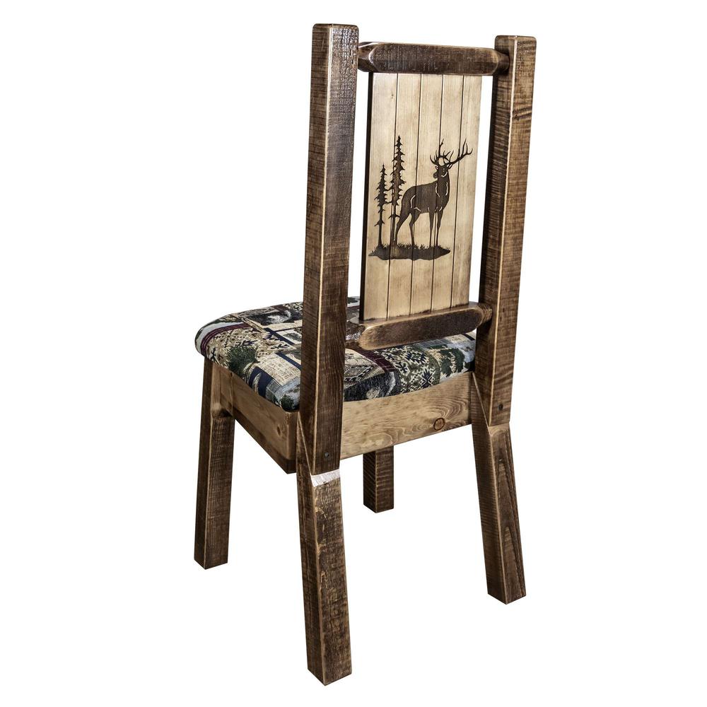 Homestead Collection Side Chair - Woodland Upholstery w/ Laser Engraved Elk Design, Stain & Lacquer Finish. Picture 1