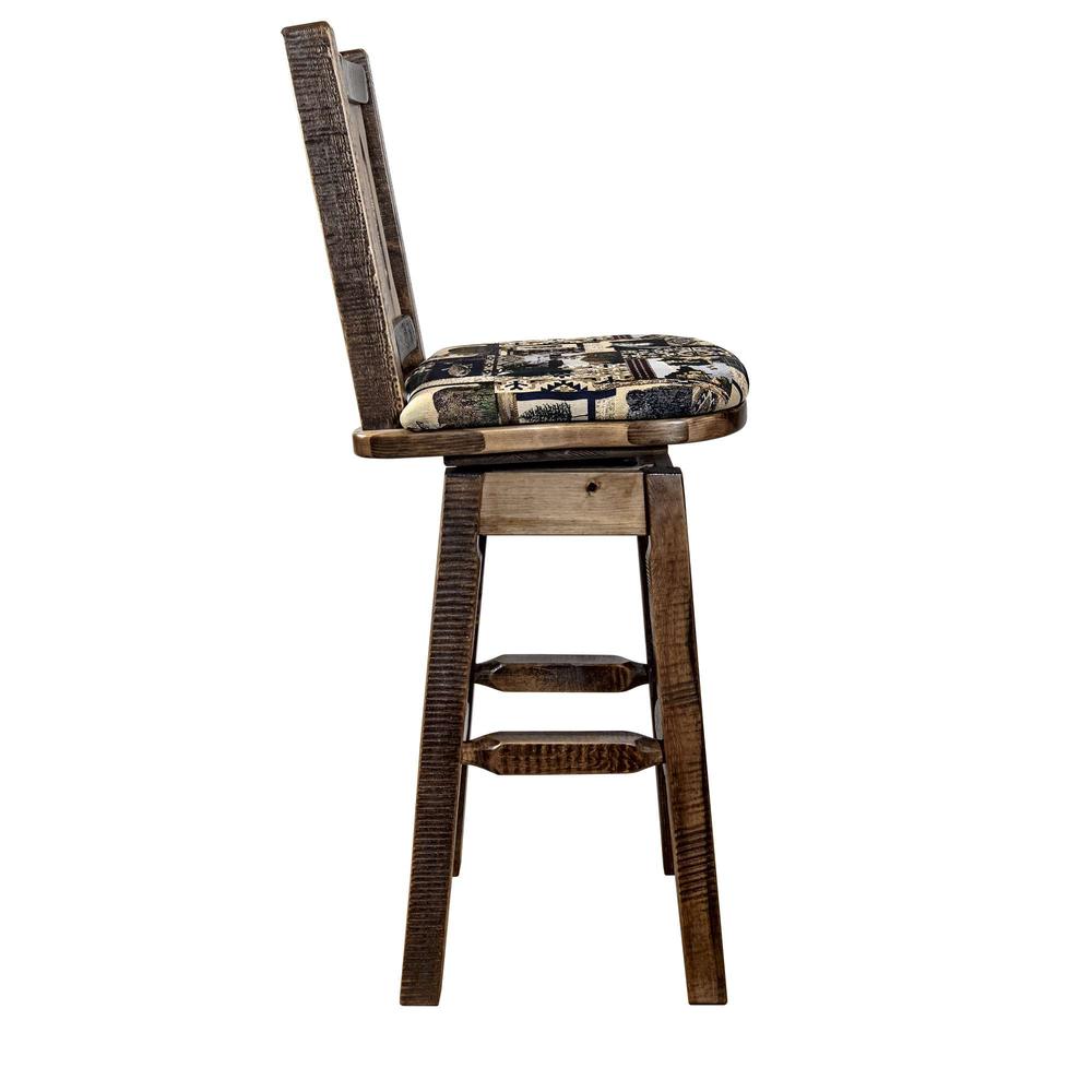Homestead Collection Barstool w/ Back & Swivel, Stain & Clear Lacquer Finish w/ Upholstered Seat, Woodland Pattern. Picture 3