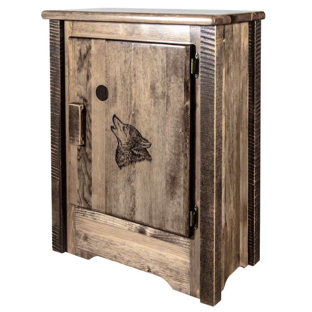 Homestead Collection Accent Cabinet w/ Laser Engraved Wolf Design, Right Hinged, Stain & Clear Lacquer Finish. Picture 1
