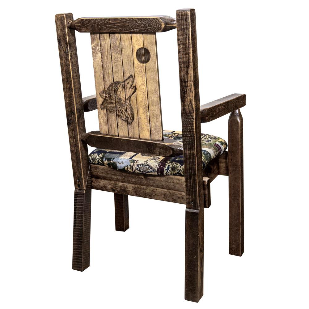 Homestead Collection Captain's Chair, Woodland Upholstery w/ Laser Engraved Wolf Design, Stain & Lacquer Finish. Picture 1