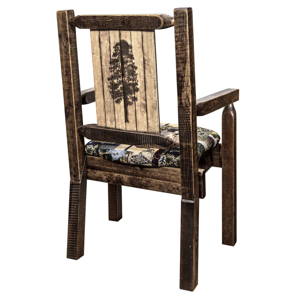 Homestead Collection Captain's Chair, Woodland Upholstery w/ Laser Engraved Pine Tree Design, Stain & Lacquer Finish. Picture 1