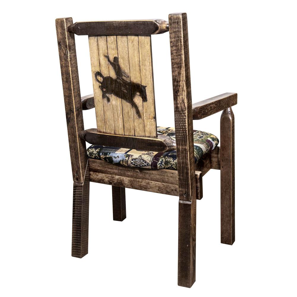 Homestead Collection Captain's Chair, Woodland Upholstery w/ Laser Engraved Bronc Design, Stain & Lacquer Finish. Picture 2