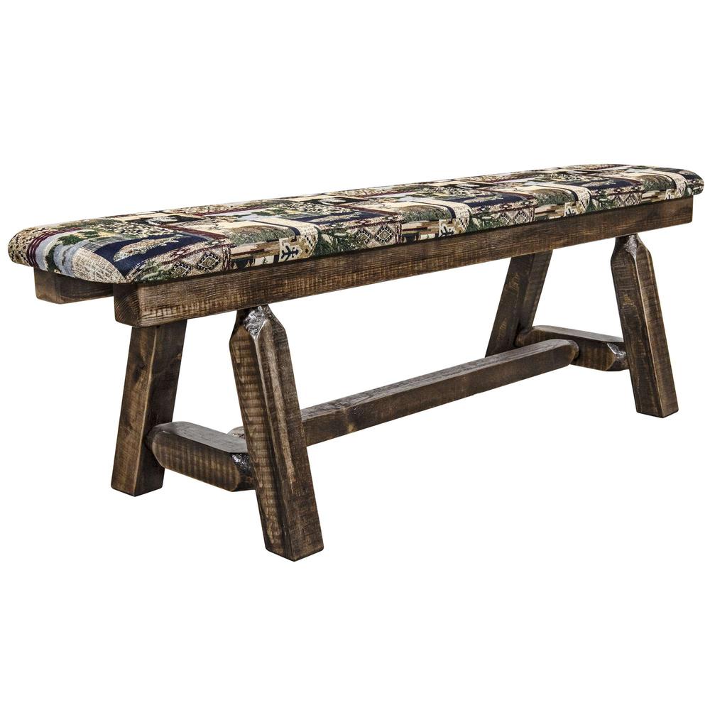 Homestead Collection Plank Style Bench, Stain & Clear Lacquer Finish, 5 Foot w/ Woodland Upholstery. Picture 1
