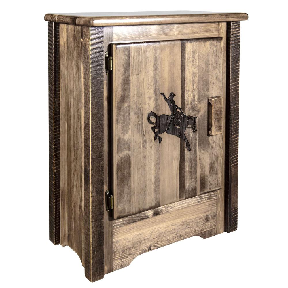 Homestead Collection Accent Cabinet w/ Laser Engraved Bronc Design, Left Hinged, Stain & Clear Lacquer Finish. Picture 1