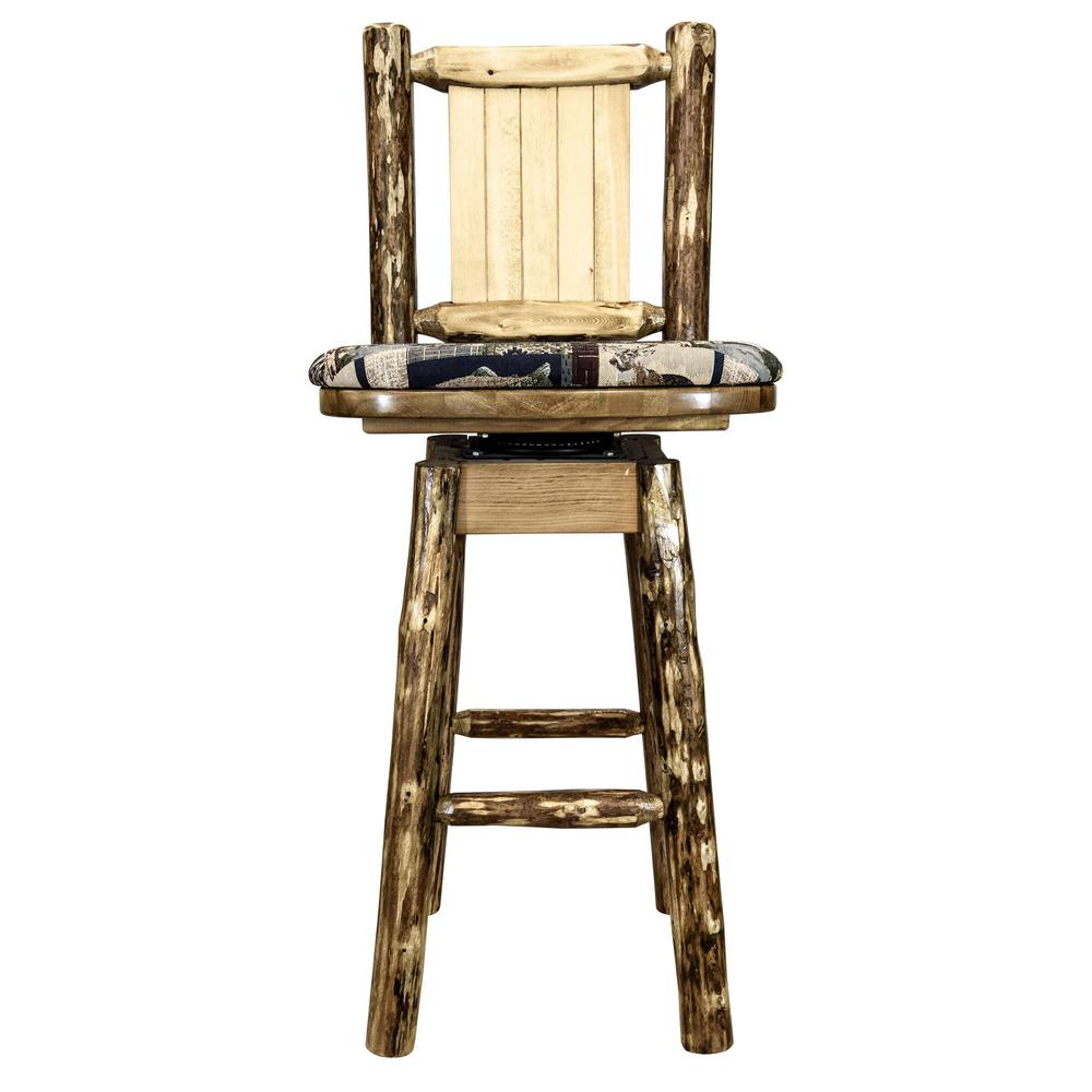 Glacier Country Collection Barstool w/ Back & Swivel, Woodland Pattern Upholstery w/ Laser Engraved Pine Tree Design. Picture 4